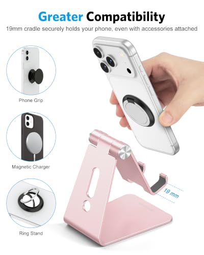 OMOTON Adjustable Cell Phone Stand, C2 Aluminum Desktop Phone Holder Dock Compatible with iPhone 15 14 13 Xs XR 8 Plus 7 6, Samsung Galaxy, Google Pixel, Android Phones, Rose Gold - color: Rose Gold