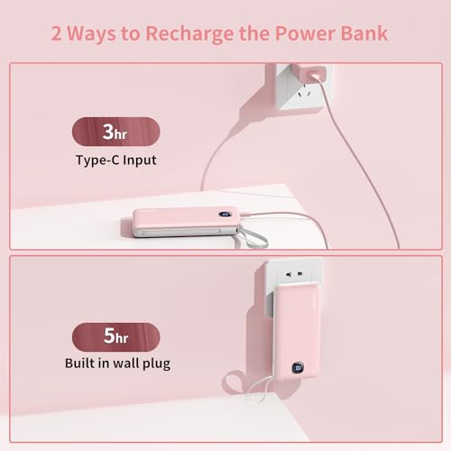 Portable Charger 10000mAh 22.5W Power Bank,Built-in 3 Cables & AC Wall Plug - color: Pink