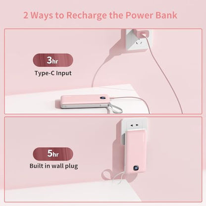 Portable Charger 10000mAh 22.5W Power Bank,Built-in 3 Cables & AC Wall Plug - color: Pink