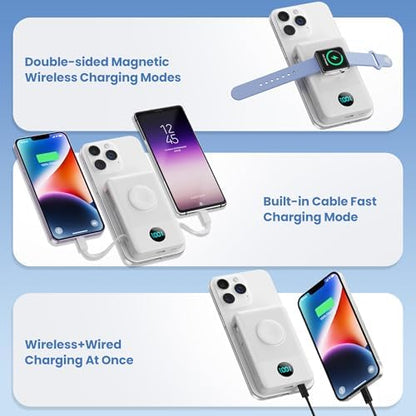 Ekrist Magnetic Portable Charger 10800mAh for MagSafe with Built-in Cable,iWatch Charger,Wireless Power Bank Travel Essentials,25W Fast Charging Battery Pack for iPhone 17/16/15/14,Apple Watch(White)
