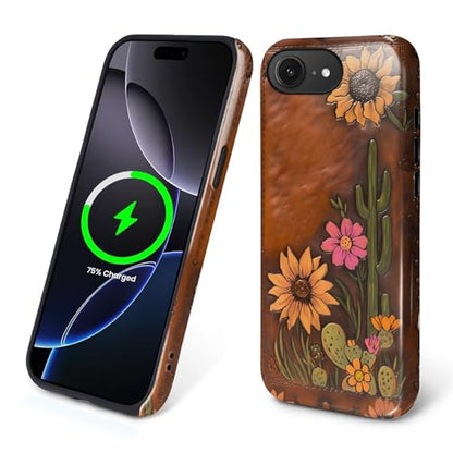 Magnetic Case for iPhone 16e, Compatible with Magsafe,PC Hard Shell & Silicone Inner Bumper, Anti-Scratch Full-Body Cover Shockproof Slim Design - Retro Cactus Sunflower - color: Retro Cactus Sunflower, size: iPhone 16e