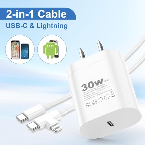 30W USB C Charger 2 Pack with 6FT 2-in-1 USB C & Lightning Cable
