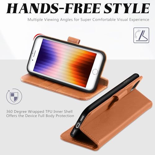 TUCCH Wallet Case for iPhone SE 2022/ SE2020/iPhone 7/8/, Light Brown | 3 Card Holders, Kickstand, PU Leather, Shockproof TPU Shell, Magnetic Closure, Protective Folio Cover - color: Brown - Textured