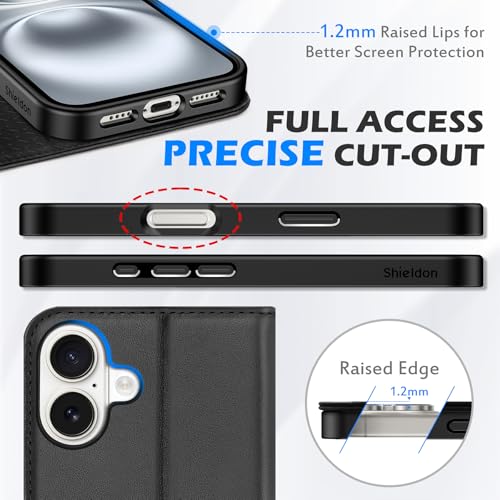 SHIELDON Genuine Leather Wallet Case for iPhone 16 Plus 6.7" 2024, Black | Magnetic Closure, RFID Blocking, Credit Card Holder, Kickstand, Folio Design, Shockproof TPU Phone Cover - color: Black