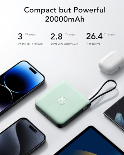 VRURC Portable Power Bank Built-in Cables, 20000mAh 22.5W Fast Charging USB C Battery Pack, Travel Essentials, Phone Charger Battery for iPhone 17/16/15 Series, Samsung Galaxy Series, Green(1 Pack) - color: Green