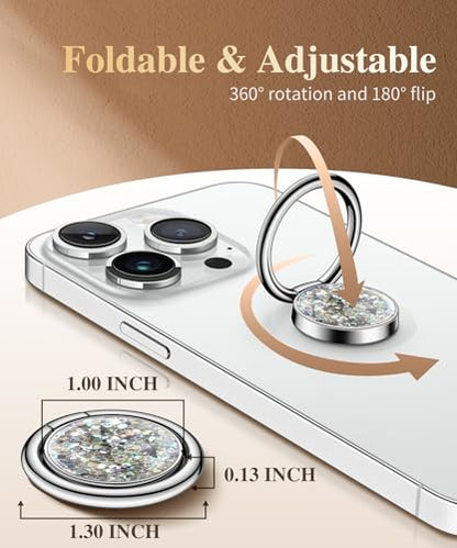 GVIEWIN Gritter Cell Phone Ring Holder, Metal Kickstand Grip 360° Rotation - color: Silver Glitter