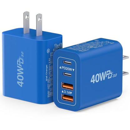 [2Pack]40W USB C Super Fast Charger Cube,PD + QC Charging Block Power Adapter 4 Port Wall Mount Plug for iPhone 17 16 15 14 13 12, Motorola, LG, Google Pixel 6a/6 Pro/6/5a/5/4/4A Box Brick (Dark Blue) - color: 40W 2Pack Blue