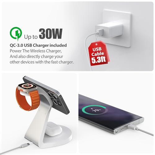 3 in 1 Charging Station for Apple Devices,Mag-Safe Charger Stand Fast Charging,Wireless Charger for iPhone 16/15/14/13/12 Series,& AirPods,& iWatch(USB-C Charger Included) - color: White