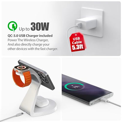 3 in 1 Charging Station for Apple Devices,Mag-Safe Charger Stand Fast Charging,Wireless Charger for iPhone 16/15/14/13/12 Series,& AirPods,& iWatch(USB-C Charger Included) - color: White