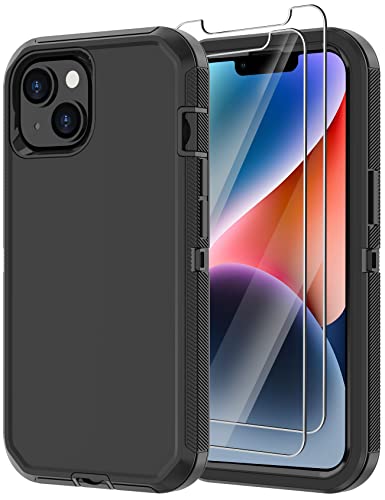 for iPhone 14 Case with 2 Screen Protector, Heavy Duty Shockproof Dropproof Dust Proof Full Body Rugged 3-Layer Military Tough Durable Protective Cover for Apple iPhone 14 6.1" (Black) - color: Black