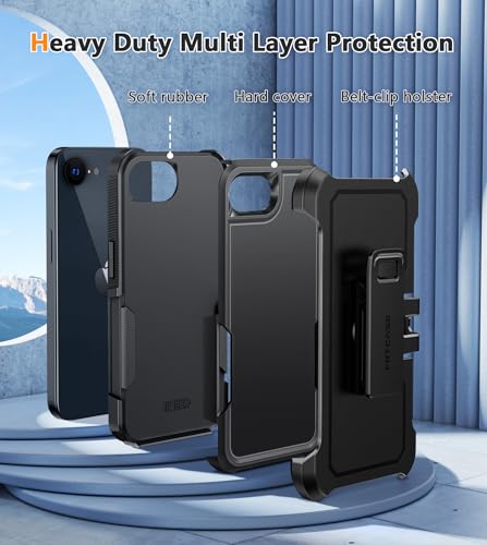 FNTCASE for iPhone 17e/16e Case with 360 Rotatable Belt-Clip Holster | Rugged Heavy Duty Drop Protection, Military Grade Shockproof Durable Protective Cell Phone Cover - color: Black Matte