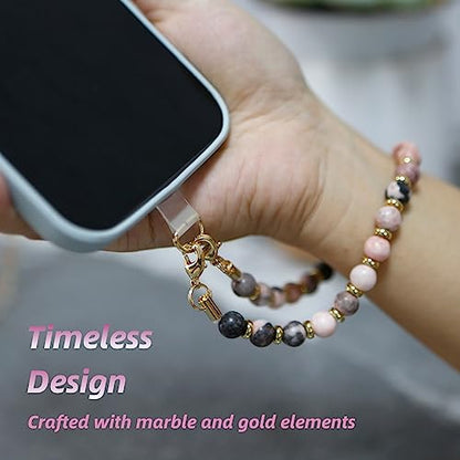 Marble Beaded Phone Wrist Strap for Women, Detachable Design - color: Pink Zebra