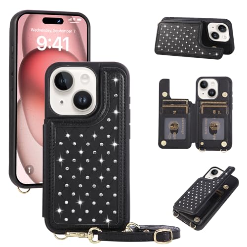 for iPhone 11 Wallet Case with Card Holder Slots and Strap, RFID Blocking Magnetic Flip Folio Cover, Crossbody Purse Protection Case with Kickstand,Black Diamond - color: Black Diamond, size: iPhone 11(6.1")