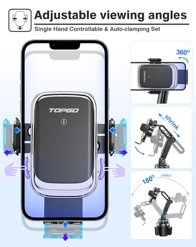 [Upgraded] TOPGO Cup Phone Mount Wireless Charger,Universal Cell Phone Holder Car Charger Wireless-Charger-Cup-Phone-Holder Fast Charging for iPhone16/16 Pro/16 Pro Max, Samsung Galaxy - Black