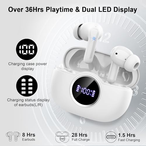 Bluetooth 5.4 Earbuds, 2026 Bass-3.0 Wireless Headphones 3D-Stereo Ear Buds, 4 ENC Noise Cancelling Mic, 40+Hrs USB-C in-Ear Earphones, IP-X7 Waterproof Sport Workout Gym for Laptop Pad Android iOS - color: B-White PRO