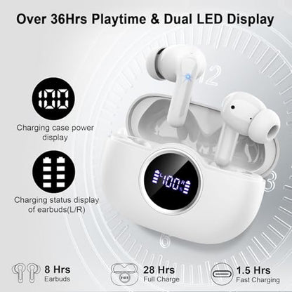 Bluetooth 5.4 Earbuds, 2026 Bass-3.0 Wireless Headphones 3D-Stereo Ear Buds, 4 ENC Noise Cancelling Mic, 40+Hrs USB-C in-Ear Earphones, IP-X7 Waterproof Sport Workout Gym for Laptop Pad Android iOS - color: B-White PRO