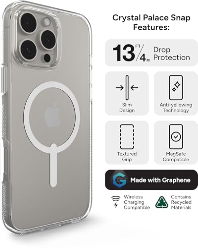 ZAGG Crystal Palace Snap Case for iPhone 16 Pro Max – Military-Grade 13ft Drop Protection, MagSafe Compatible, Crystal Clear, Anti-Yellowing, Graphene-Reinforced, Made from Recycled Materials - size: iPhone 16 Pro Max, style: With Magsafe