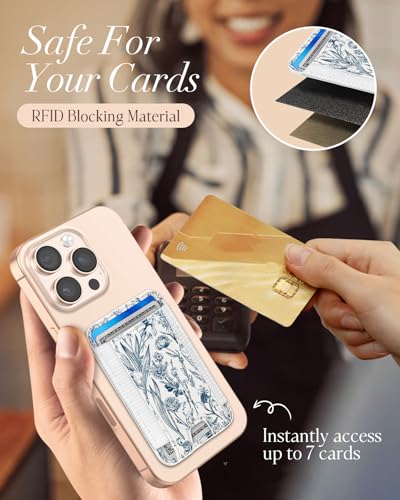 Compatible with Magsafe Wallet Magnetic Card Holder - for Women Leather Phone Wallet Fits 7 Cards Slim RFID Card Holder for iPhone 16/15/14/13/12 for Samsung S25 Ultra/S24 Ultra, Blue Flowers - style: White Blue Flowers