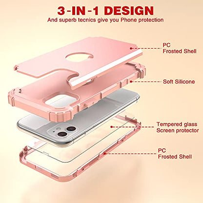 IDweel for iPhone 11 Case with Screen Protector(Tempered Glass), Hybrid 3 in 1 Shockproof Slim Fit Heavy Duty Protection Hard PC Cover Soft Silicone Bumper Full Body Case,Rose Gold - color: Rose Gold