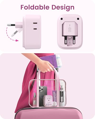 LENCENT European Travel Plug Adapter US to Europe Type-C Foldable Plug - style: Type C-17.5W-Most of Europe-Pink