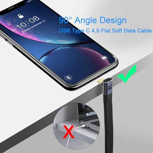 QIANRENON 240W USB4.0 C Male to 90° Angle Type C Male PD Fast Charging Short Cable 40Gbps USB Type C 4.0 Flat Soft Data Cable, for Thunderbolt 3/4 Power Bank Smartphone, 13cm/5.1in (Positive Bend)