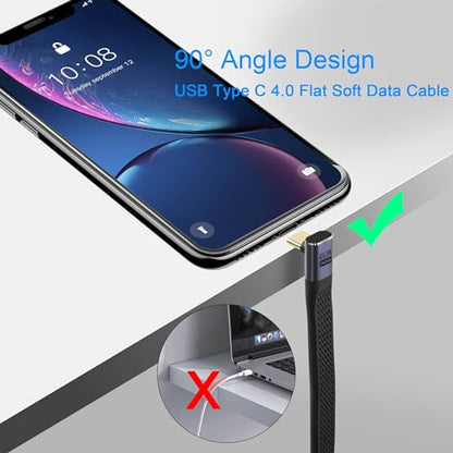 QIANRENON 240W USB4.0 C Male to 90° Angle Type C Male PD Fast Charging Short Cable 40Gbps USB Type C 4.0 Flat Soft Data Cable, for Thunderbolt 3/4 Power Bank Smartphone, 13cm/5.1in (Positive Bend)