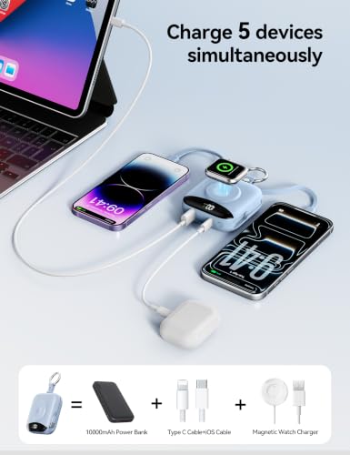 Portable Charger 10000mAh 22.5W Power Bank Built-in 2 Cables Keychain | Charge 5 Devices, TSA approved, Travel Fast Charging Battery Pack for iPhone Samsung Google Android & iWatch Charger, Blue - color: Blue