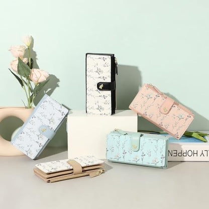 GAEKEAO Womens Wallet RFID Blocking Trifold Large Capacity Ladies Vegan Leather Wallet Floral Multi Card Holder Organizer - color: Y01-Khaki