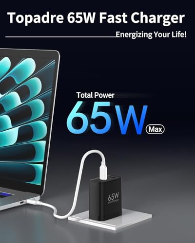 TOPADRE 65W USB C Charger Block,PD PPS 3 Ports GaN Charger Foldable Compact - color: Black, size: 65W, style: 1-pack