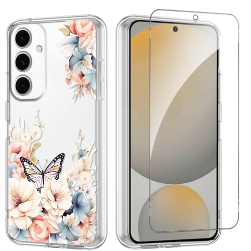Flower Phone Case Floral for Samsung Galaxy S24 FE 6.7'' with Screen Protector, Clear Transparent Phone Cover Slim Soft Shockproof Anti-Scratch Drop Protection Funda for Girls Women - color: Yellow Peony, size: Samsung Galaxy S24 FE