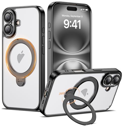 Compatible with iPhone 16 Case with 360° Magnetic Ring Stand [Compatible with Mag-Safe] Camera Lens Protector Plating Clear Phone Case for iPhone 16 6.1", Black - color: Black, size: Iphone 16