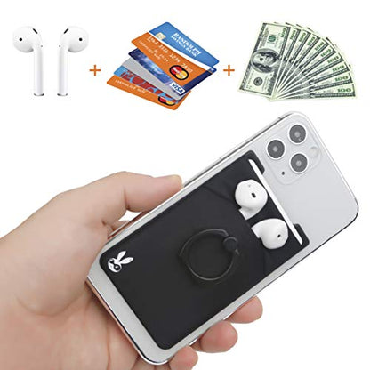 Phone Wallet Stick On Card Holder with Ring Grip, Stand and RFID Protection