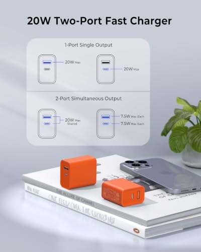 3 Pack USB C Wall Charger, 20W Durable Dual Port QC+PD 3.0 Power Adapter, Double Fast Plug Charging Block for Phone 14/15/16/17 Pro/Pro Max/Plus, XS/XR/X, Watch Series 8/7 Cube - color: Tangerine Red