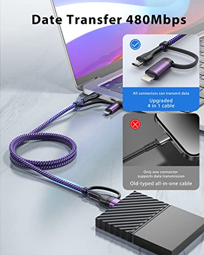 4-in-1 USB C Cable, USBC Lightning Cable USB C to C Charging Cable 60W PD [Fast & Data Sync] 4 in 1 Multi Charger for iPhone 16 15 14 13 12,MacBook Pro 2024 iPad mini 6/Pro,Samsung Galaxy - color: Purple, size: 3FT