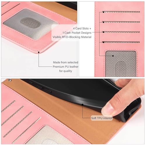 RFID Blocking for Samsung Galaxy S25 FE Case Wallet (Pink) | 4 Card Slots, Soft PU Leather, TPU Inner Shell, Wrist Strap, Stand, Magnetic Folio Flip Cover, Shockproof Protective - color: Pink