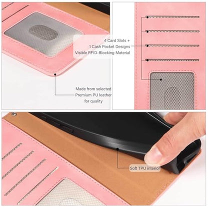 Wallet Case for Samsung Galaxy A17, RFID Blocking (Pink) | 4 card slots with ID window, cash pocket, wrist strap, stand function, magnetic closure, flip PU leather, TPU inner shell - color: Pink