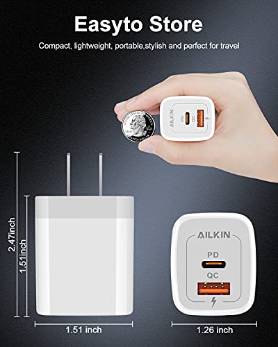 3Pack Dual Port USB-C Wall Plug-in USBC Charger, AILKIN 20W Power Delivery - color: White