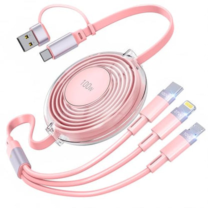 3-in-1 Retractable Multi Charging Cable, 100W Fast Charging USB-C/A to Lightning/USB-C/Micro USB for iPhone 16, 15, 14 Pro Max, Samsung Galaxy, Kindle, Travel Charger for Multiple Devices (Pink)