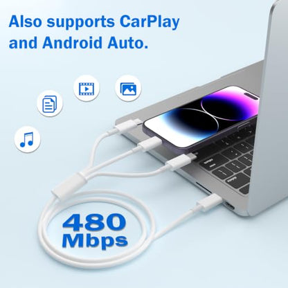 Multi USB Cable 6FT/2Pack 60W 3 in 1 USB C to 2*USB C and Lightning Port - color: White2