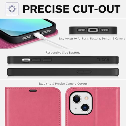 TUCCH Case Wallet for iPhone 13 (6.1") 2021, RFID Blocking Folio, Hot Pink | 3 Card Holders, Kickstand, PU Leather, Magnetic Closure, Shockproof TPU Shell, Protective Flip Cover - color: Hot Pink