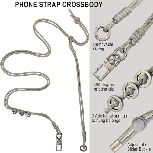 DAOSUN Phone Lanyard CellPhone Strap Crossbody, 3 in 1 Detachable Anti Theft Phone Cross Body Strap - color: Gray-5mm Paracord