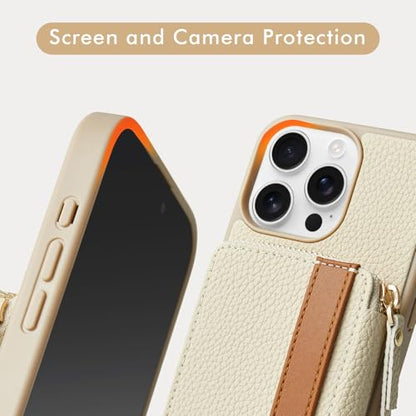 LAMEEKU for iPhone 16 Pro Max Wallet Case with Card Holder, Zipper Leather Crossbody Case with Kickstand Wrist Strap Cover with Phone Grip Holder 6.9 inch Beige - color: Beige, size: iPhone 16 Pro Max 6.9''