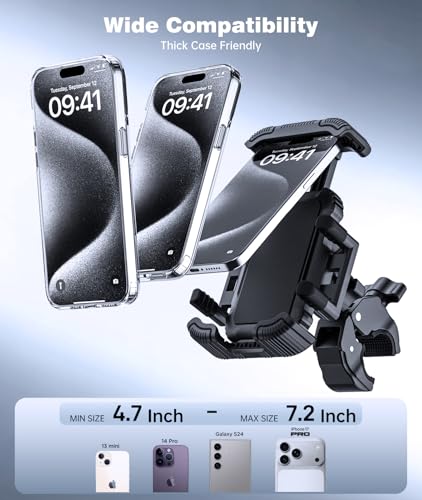Bike Phone Holder for Handlebar, Motorcycle Phone Mount, Shock Absorbing Anti-Shake Phone Mount for Bike Scooter Motorcycle, Fits iPhone, Samsung, 4.7-7.2 Inch Smartphones