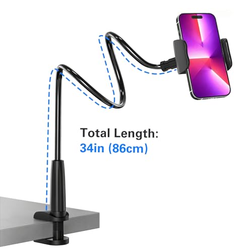 MAGIPEA Gooseneck Phone Holder for Bed, 30in Flexible Overhead Cell Phone Mount for Desk, Hands-Free Viewing Clamp Stand Compatible with iPhone 17 16 15 Pro Max and 3.5-7" Devices - color: Black