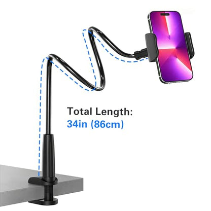 MAGIPEA Gooseneck Phone Holder for Bed, 30in Flexible Overhead Cell Phone Mount for Desk, Hands-Free Viewing Clamp Stand Compatible with iPhone 17 16 15 Pro Max and 3.5-7" Devices - color: Black