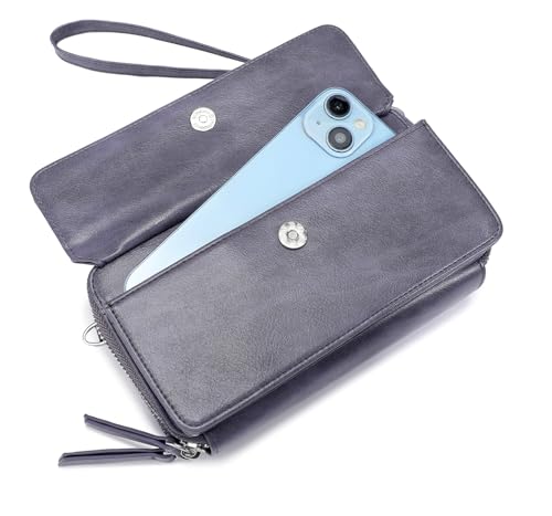 RFID Crossbody Wallet Wristlet Purse with Phone Pocket For Women Vegan Leather - color: Bz-purple Grey