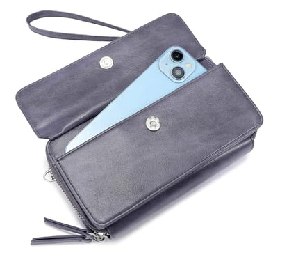 RFID Crossbody Wallet Wristlet Purse with Phone Pocket For Women Vegan Leather - color: Bz-purple Grey