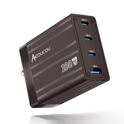 ACOUCOU 100W GaN Charger, 4-Port USB C Wall Charger with 3 USB-C & 1 USB-A, Foldable Fast Charging Block for MacBook, iPad, iPhone, Galaxy, Steam Deck & Laptops