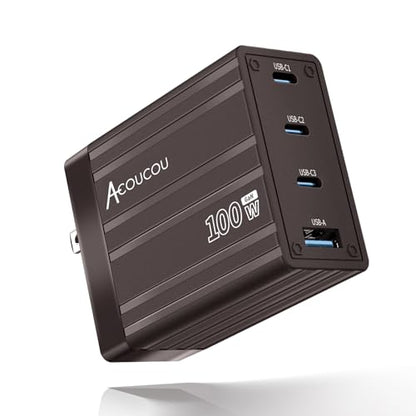 ACOUCOU 100W GaN Charger, 4-Port USB C Wall Charger with 3 USB-C & 1 USB-A, Foldable Fast Charging Block for MacBook, iPad, iPhone, Galaxy, Steam Deck & Laptops