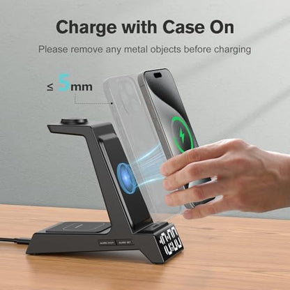 ANJANK 4 in 1 Wireless Charging Station Alarm Clock, Charging Dock for Apple Devices, Charger Stand for iPhone 18 Duo 17 Air 16 15 14 Series for Apple Watch 12 11 10 9 8 7 UItra/SE & AirPods, Dimmable - color: Black